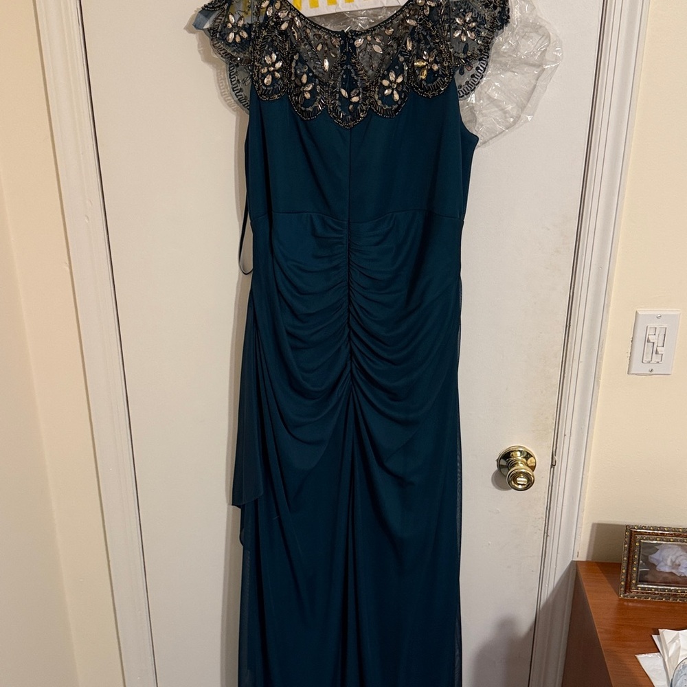 Xscape Teal Gown with Black Lace Accents - Picture 3 of 5